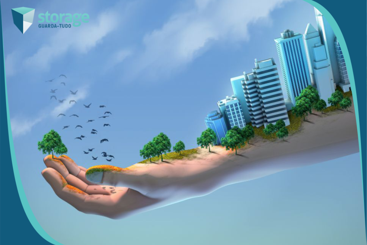 Montagem de mão com um sistema sustentável. Imagem ilustrativa para texto Logística sustentável.