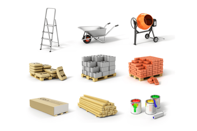 Materiais de construção sob fundo branco