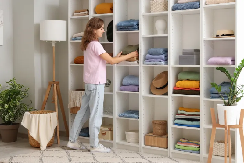 Mulher sorridente arrumando sua prateleira de livros