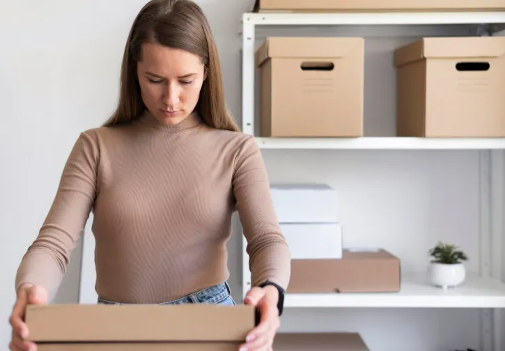 Mulher guardando caixas em casa