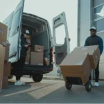 descarregando-caminhao-mudanca Van com malas abertas e caixas sendo transportadas